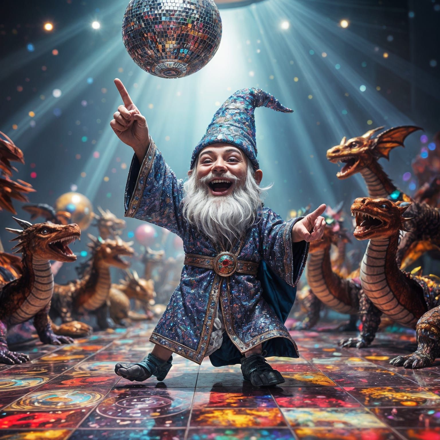 Tiny Disco Glitter Wizard Dances on Colorful Tiles