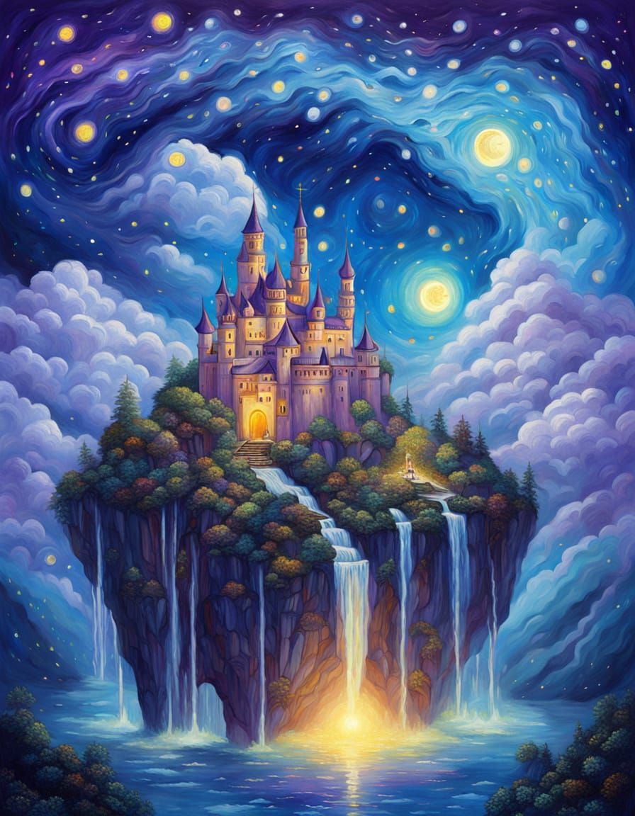 Ethereal Fantasy Realm with Glowing Lights and Waterfalls