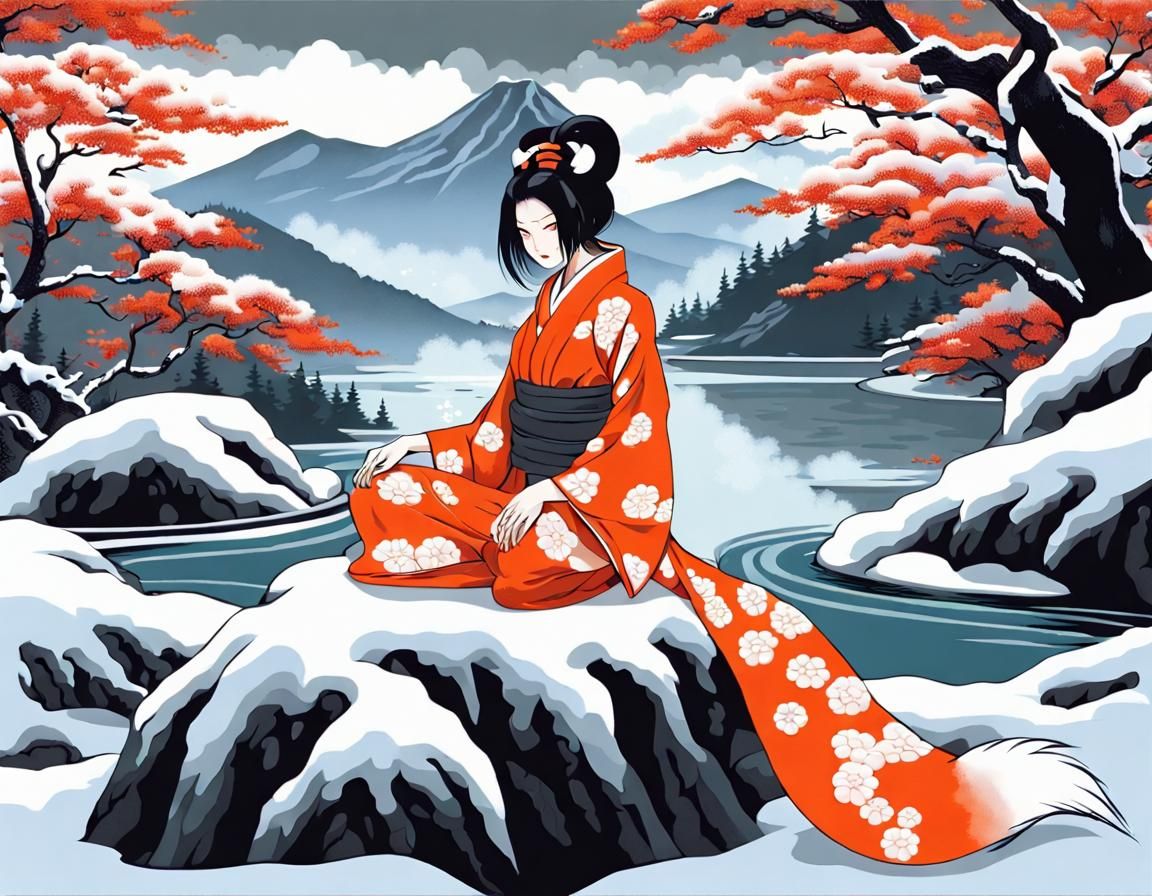 Nine-Tailed Fox Woman in Snowy Japan, in Acrylic Paint Style