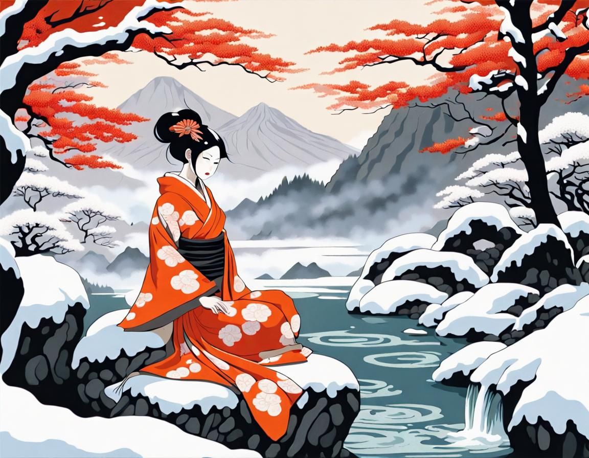 Nine-Tailed Fox Woman in Snowy Japan, Acrylic Painting