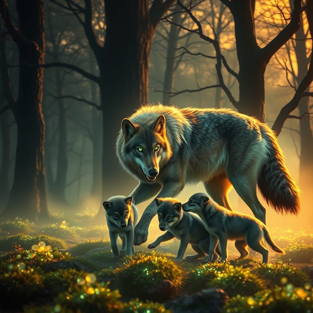Wolf Guardian with Glowing Eyes in Dreamy Forest