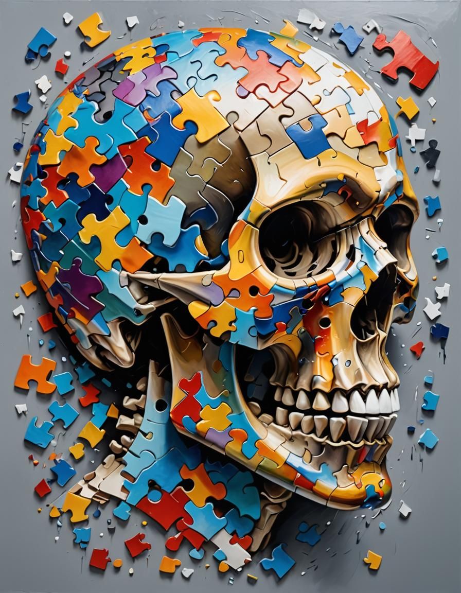 Grayscale Puzzle Skull in Expressionist Oil Painting Style