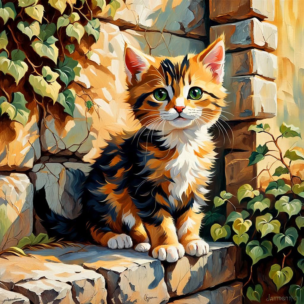 Kitten on Stone Wall in Impressionist Oil Painting