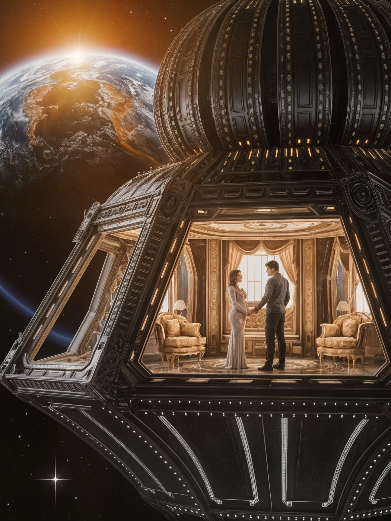 Gothic Space Station Radiates Elegance Under Celestial Glow