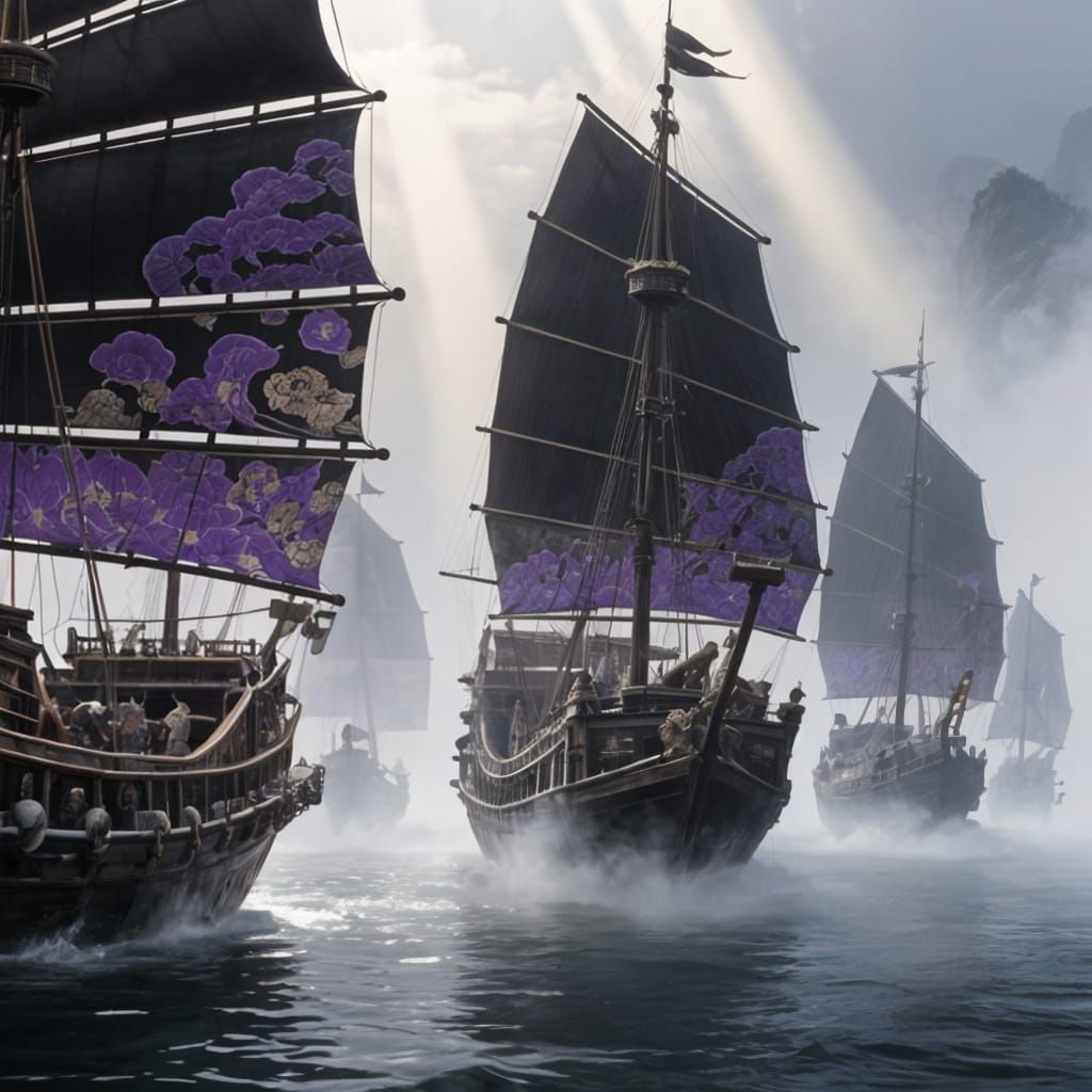 Fleet of Japanese Warships with Chinese Sails in Misty Water...