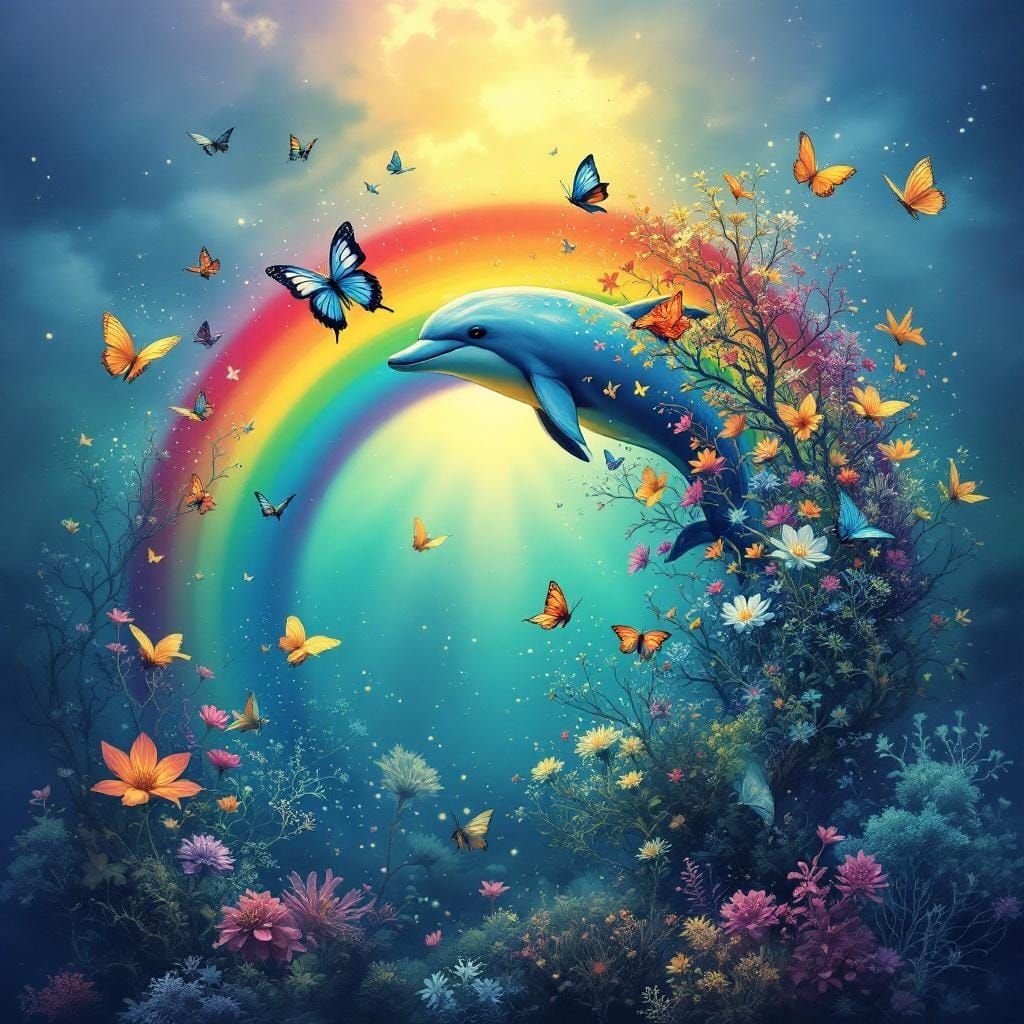 Dolphin and Butterfly in Rainbow Hues