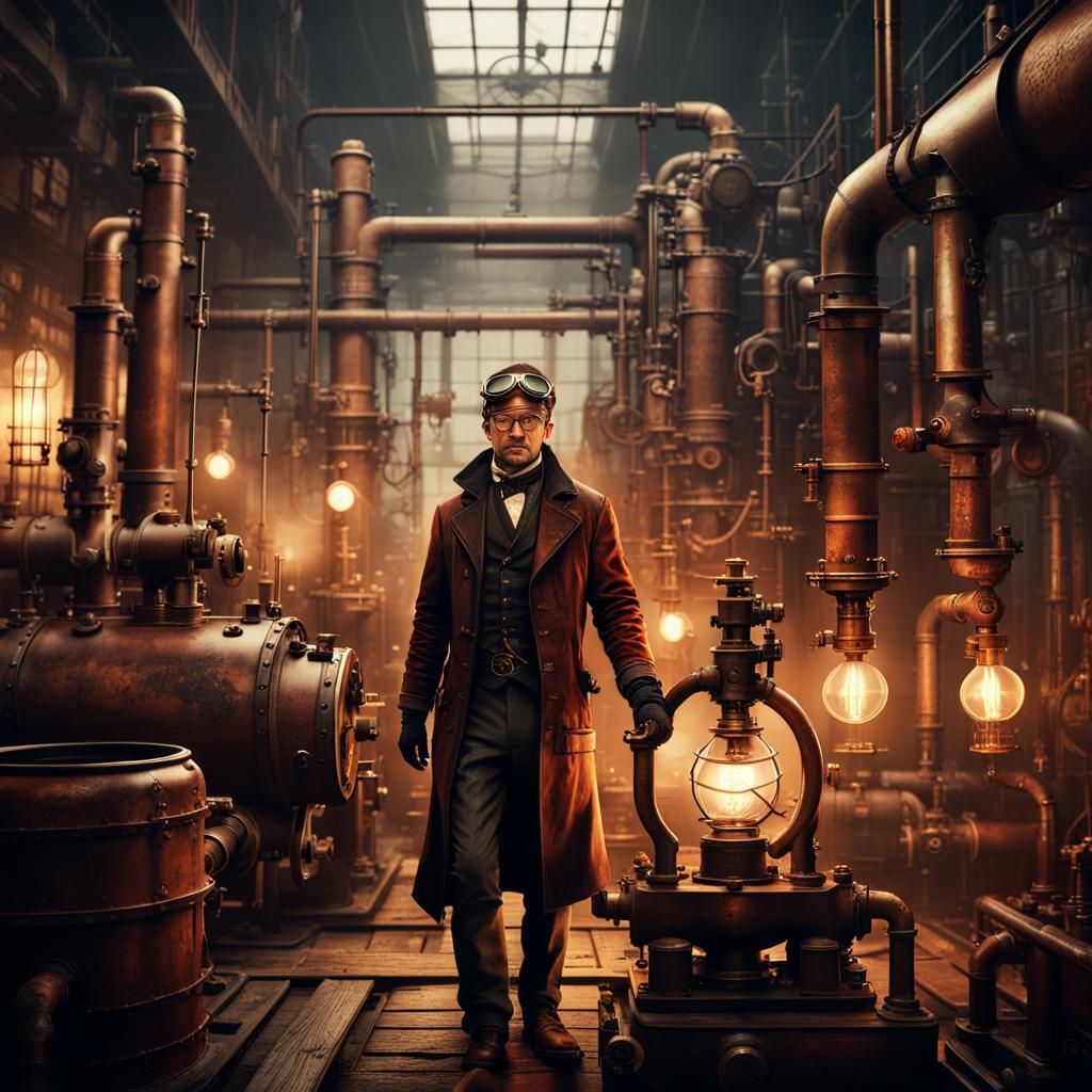 Steampunk Mechanic Amidst Steam-Powered Machinery