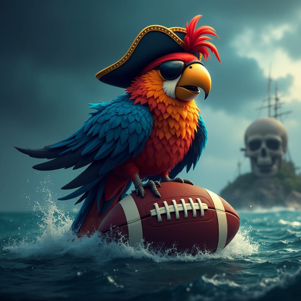 Pirate Football Team Logo with Parrot Captain in Stormy Sea