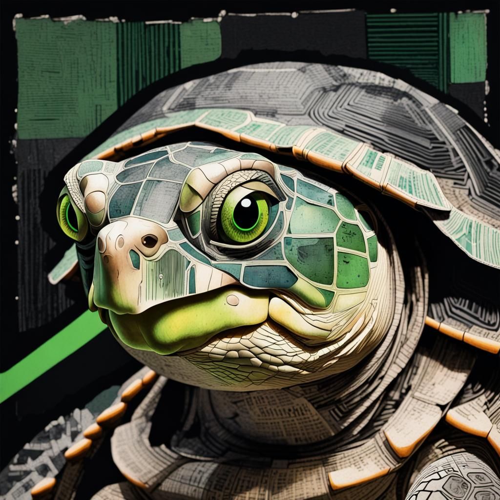 Cyberpunk Turtle Collage in Newspaper Texture Style