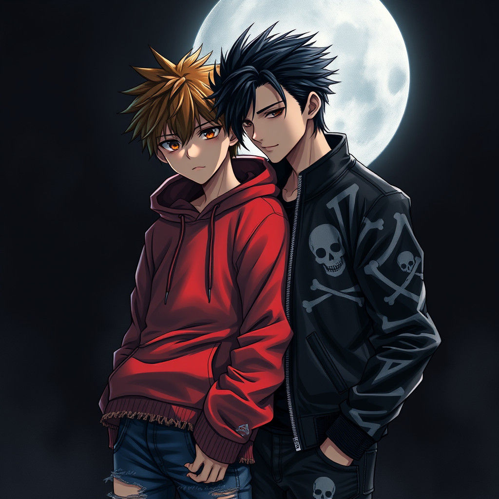 Emotive Anime Boys Embrace in Charcoal Drawing Style