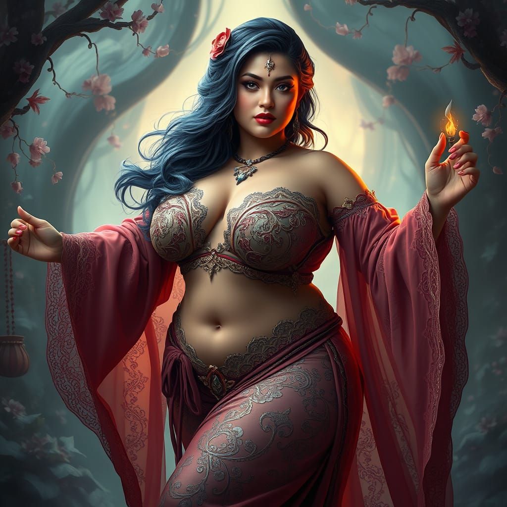 Confident Curvy Heroine in Whimsical Fantasy Realm