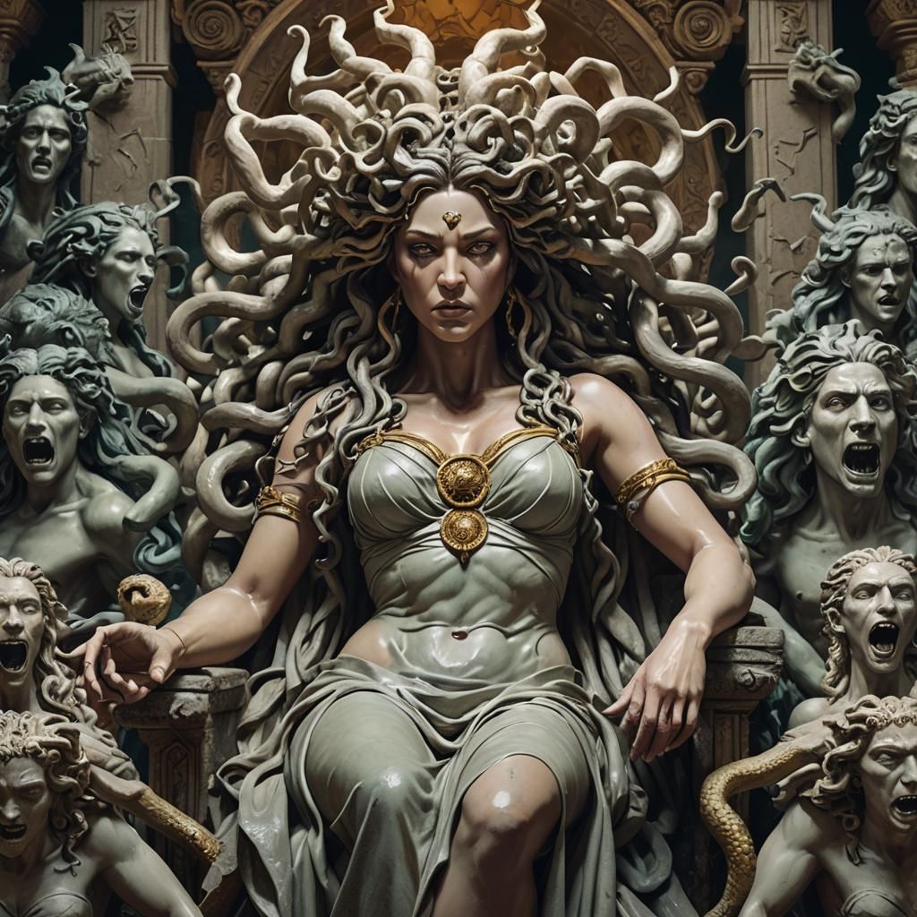 Medusa surrounded by her statued victims