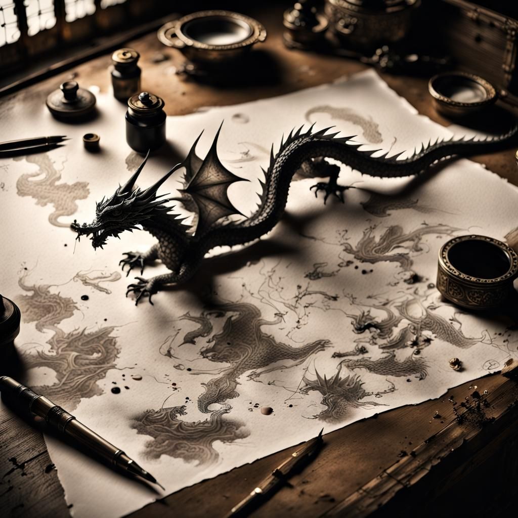 Hyperrealistic Ink Dragon on Ancient Paper