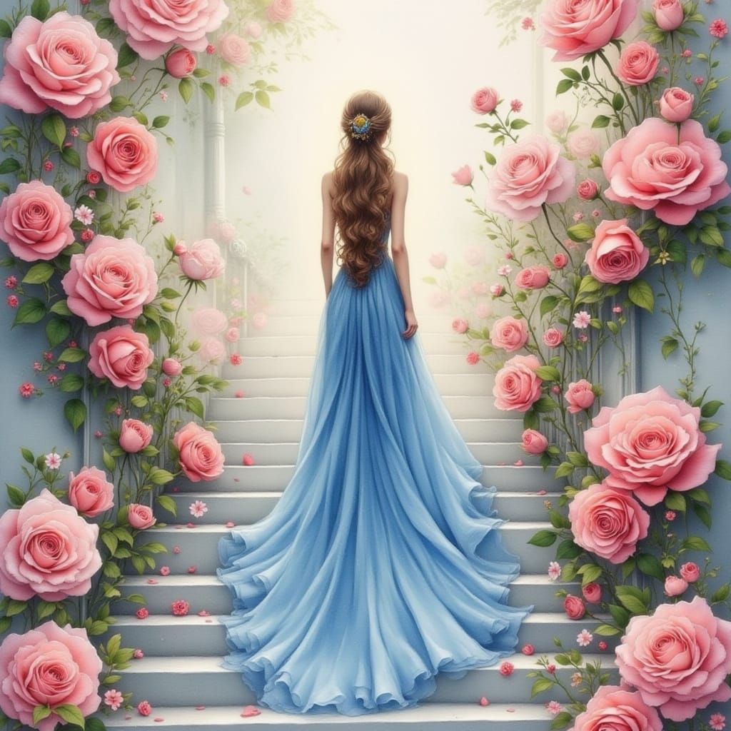 Elegant Woman in Blue Gown Ascends Rose-Covered Staircase