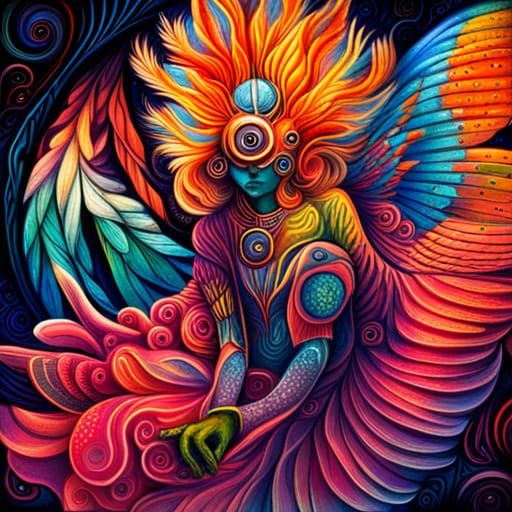 Astral Bird Person in Mixed Media Illustration