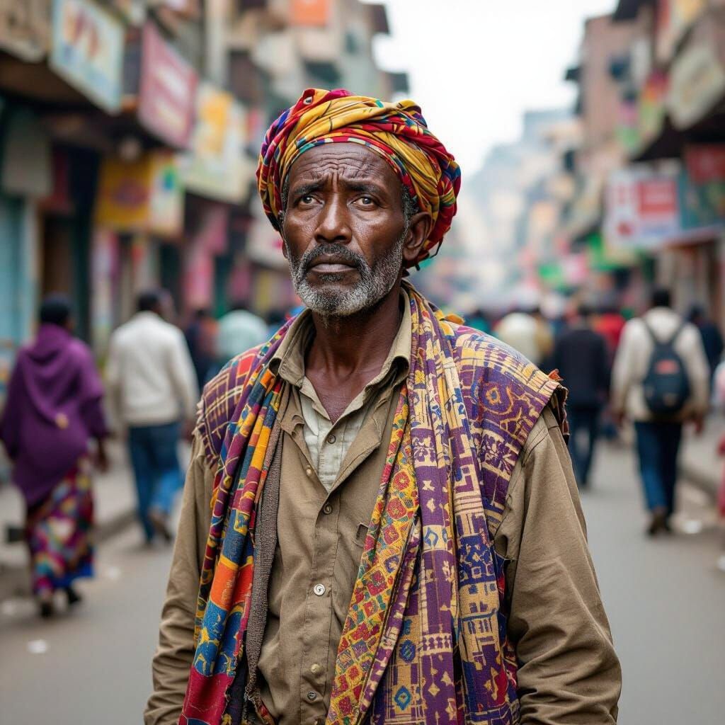 Bewildered Farmer in Addis Ababa, African Art Style