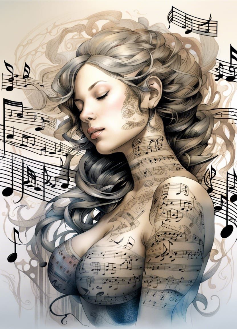 Tattooed Goddess of Music in Beige Fantasy Portrait