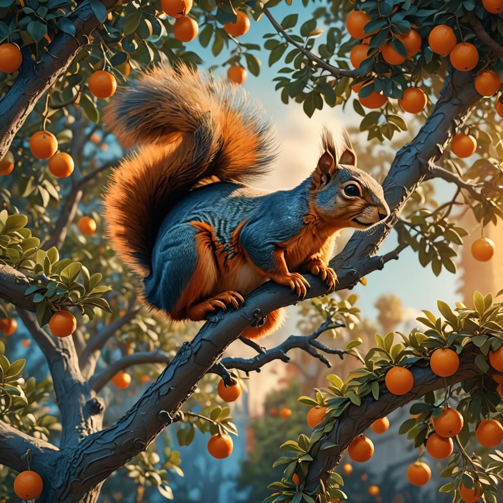 Squirrel Climbs Orange Tree: Fantasy Concept Art