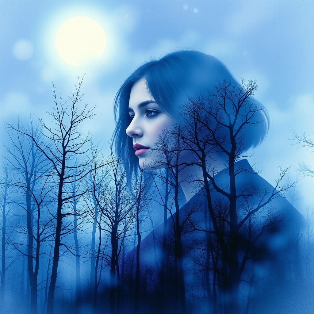 Moonlit Winter Forest Double Exposure with Woman Portrait