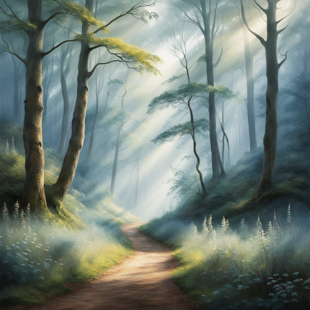 Romantic Forest Scene in Wax Crayon Technique