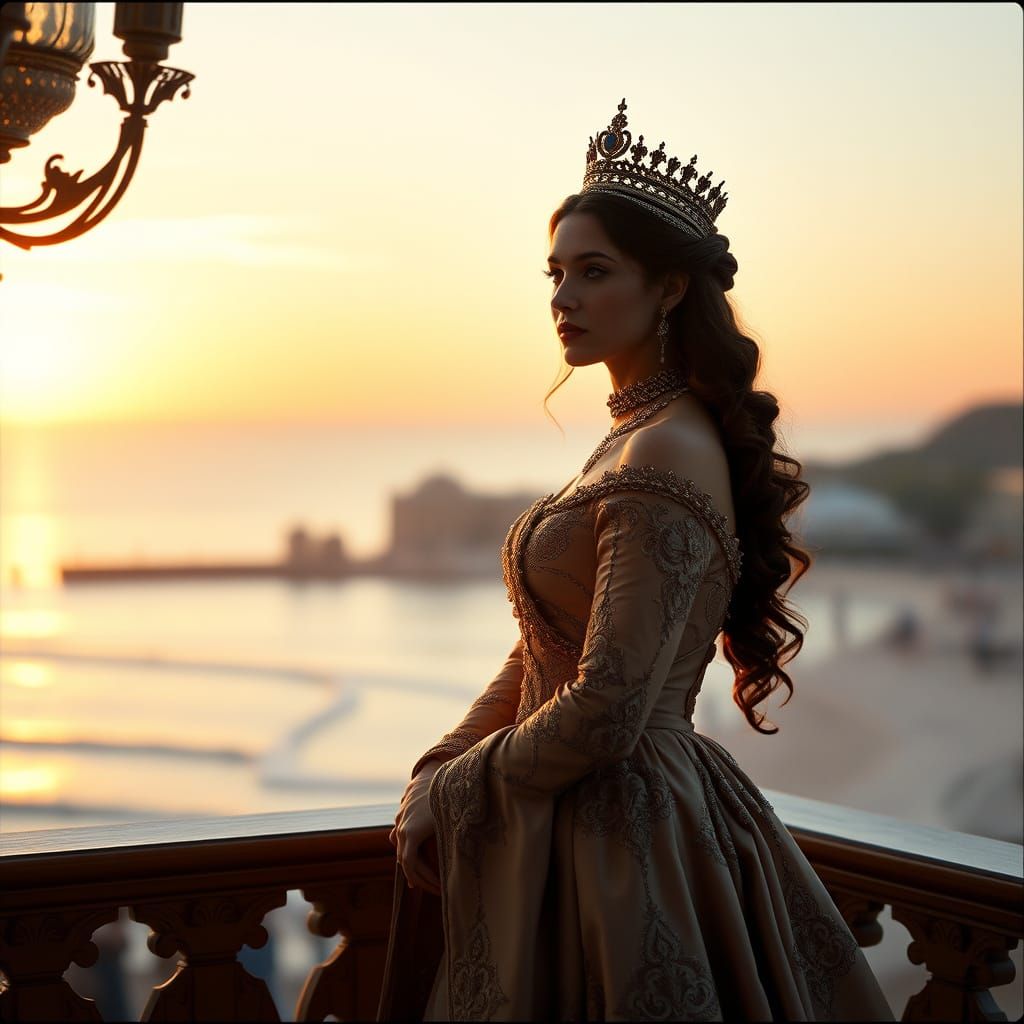 Regal Princess in Elegant Royal Attire with Sunset Beach Vie...