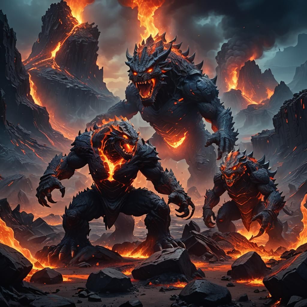 Lava Monster vs Rock Monster in Ruined Landscape