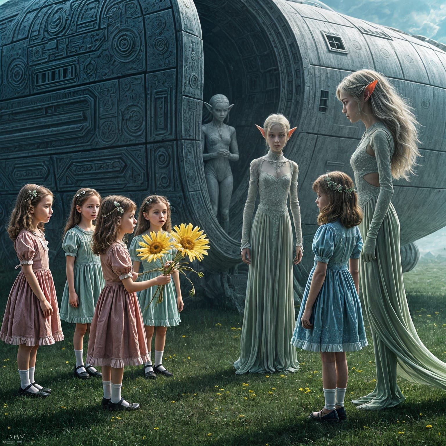 Girls Offer Dandelions to Ethereal Aliens in Cinematic Scene