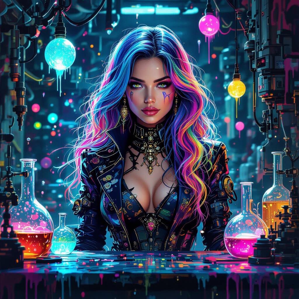 Fantastical Woman in Vibrant Laboratory Graffiti Style