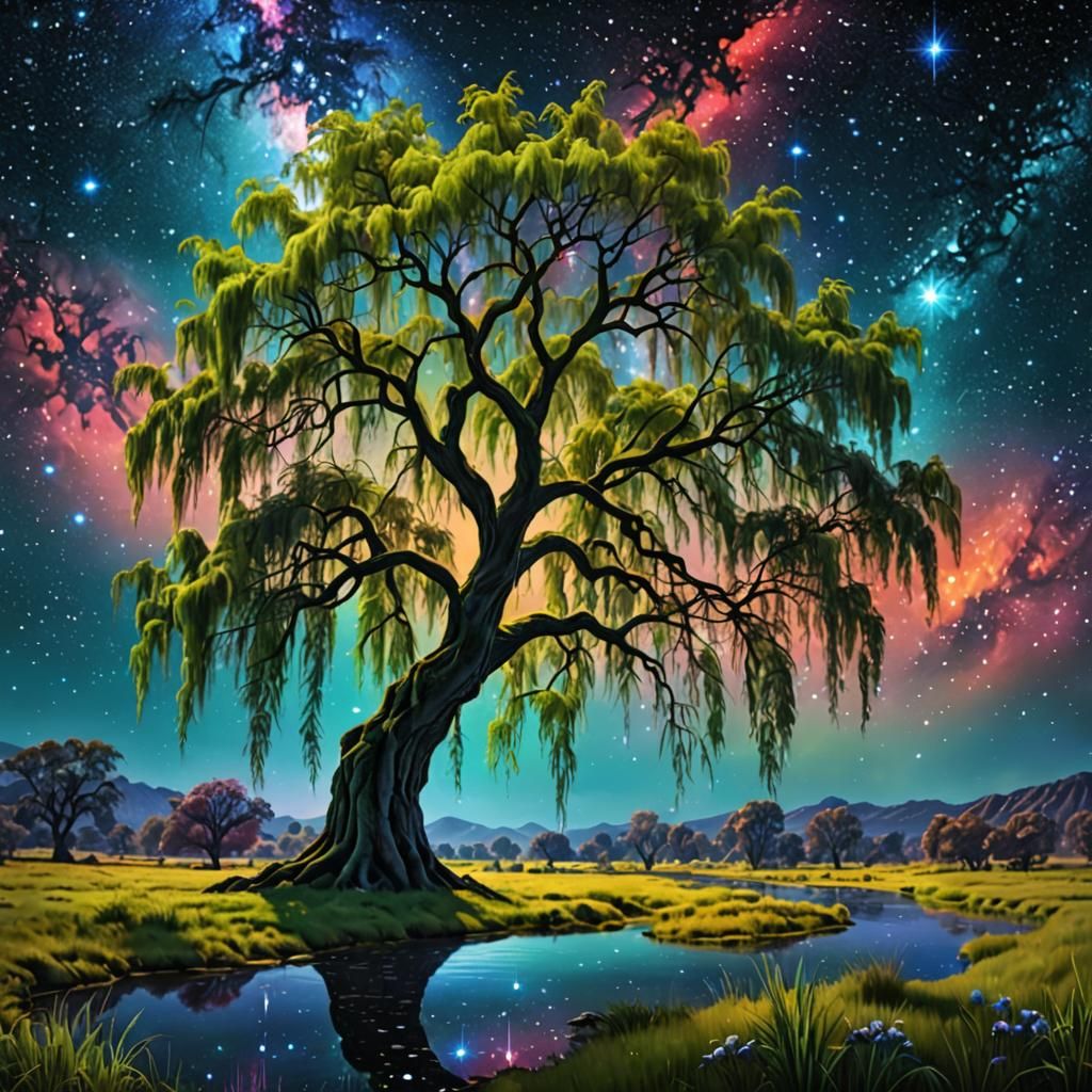 Weeping Willow in Starry Sky, Digital Art