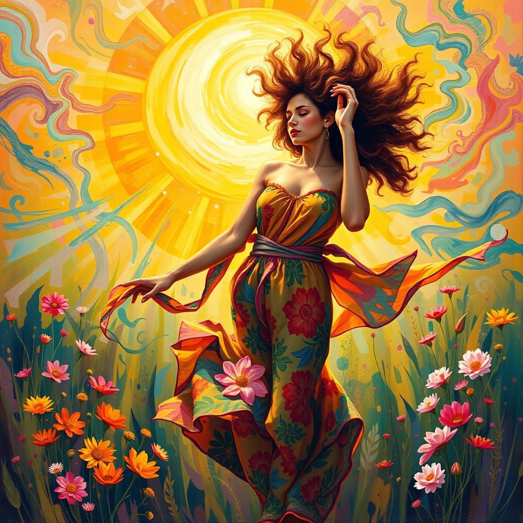 Vibrant Hippie Dancing in a Sun-Kissed Meadow