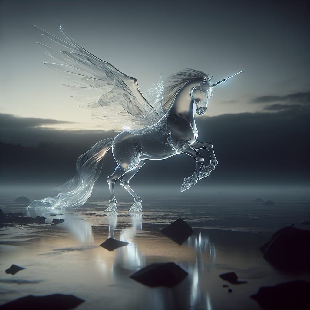 Ghostly Winged Unicorn on Misty Shoreline