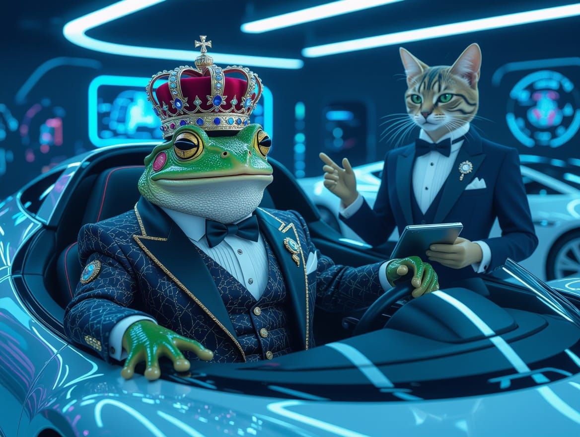 Frog Aristocrat in Futuristic Car Showroom