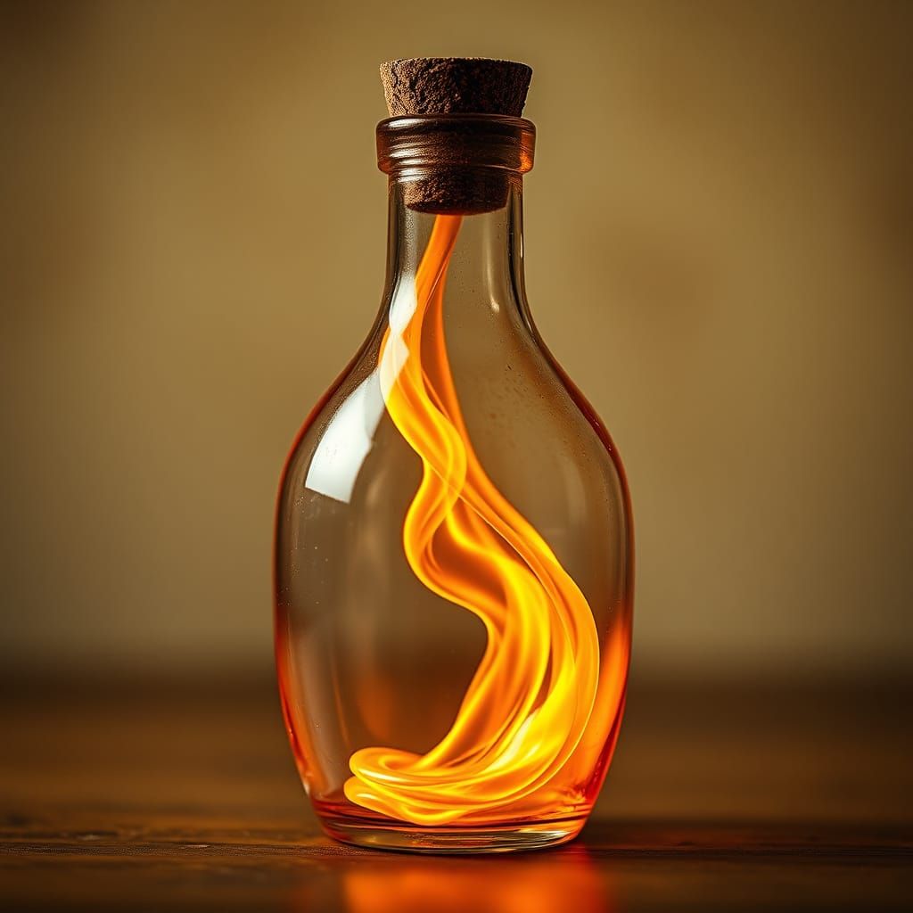 Fiery Stream in Glass Bottle: Surreal Photo