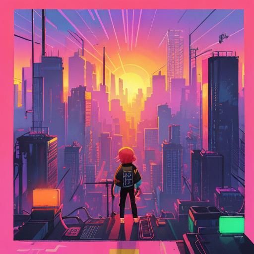 Cyberpunk Cityscape at Sunrise in Synthwave Style