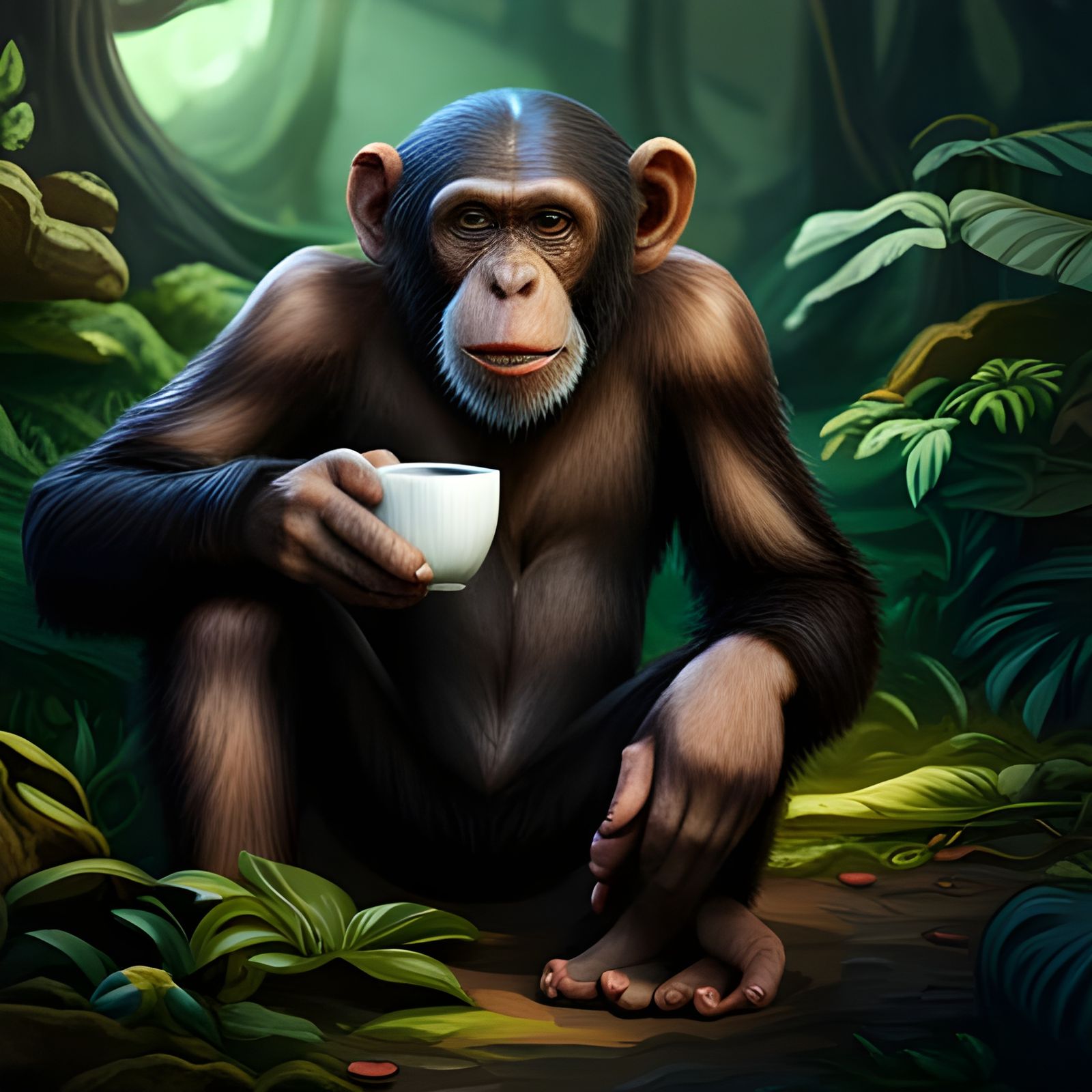 Chimpanzee Enjoys Coffee in Detailed Matte Painting