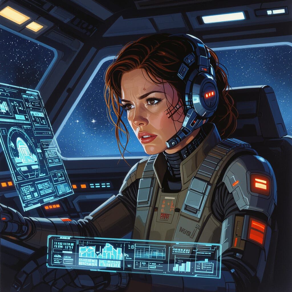 Determined Woman Pilots Futuristic Spaceship with Cybernetic...