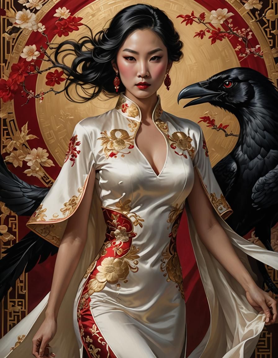 Elegant Asian Woman in Flowing Cheongsam Portrait