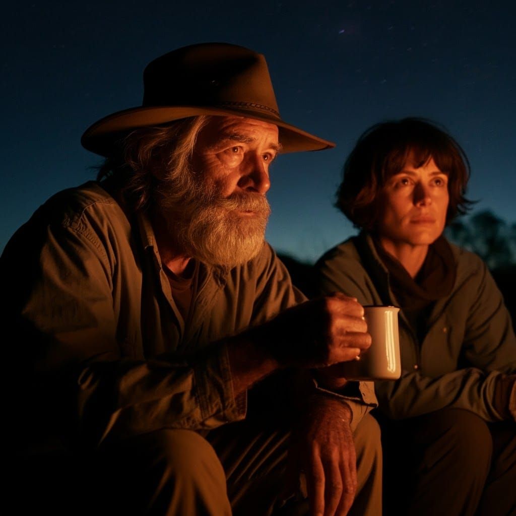 Geologist Contemplation by Campfire Under Starry Sky