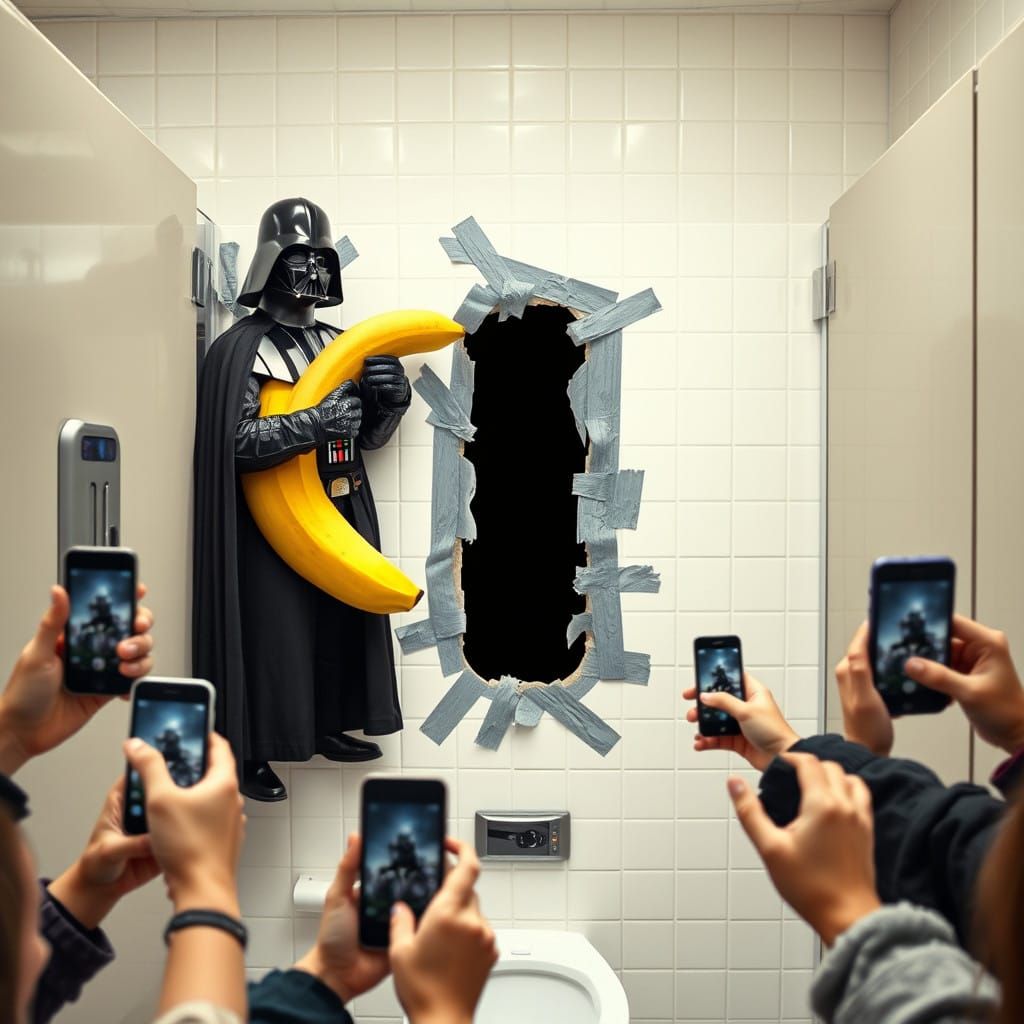 Darth Vader Surrounded by Chaos in a Modern Restroom
