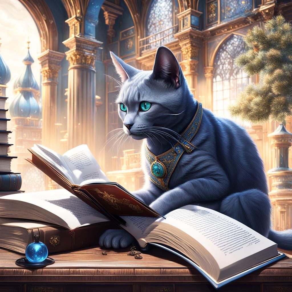 Russian Blue Cat Reads in Library: Matte Painting
