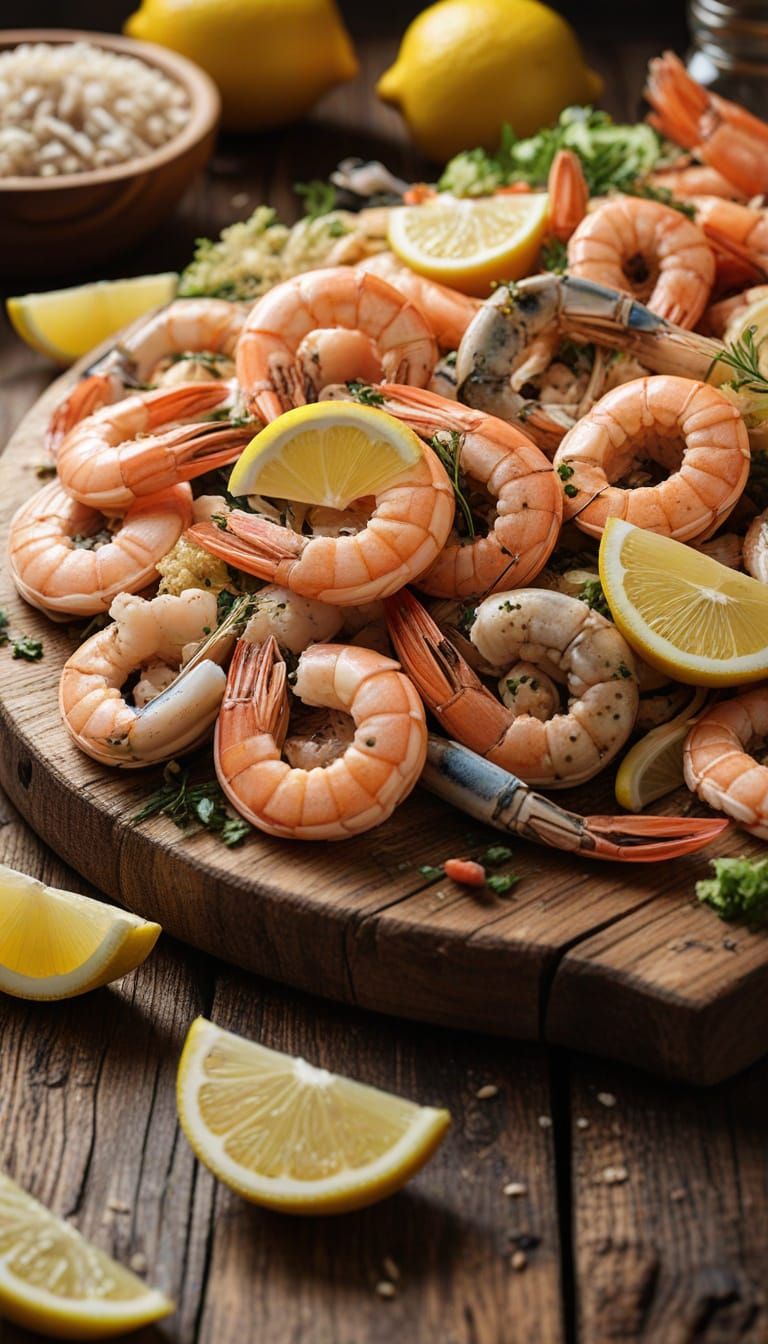 Realistic Seafood Spread with Shrimp and Lemon