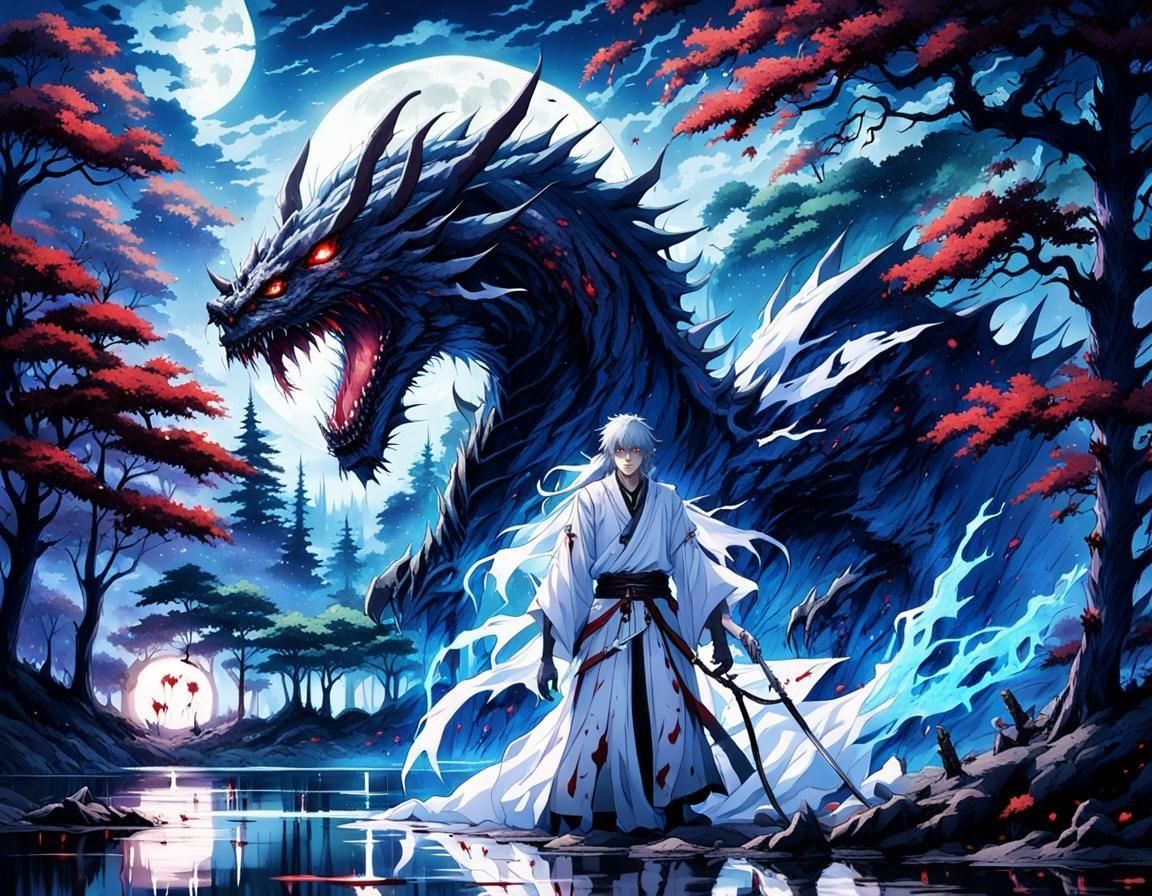 Glowing Blue Forest Under a Blood Moon with a Japanese Drago...