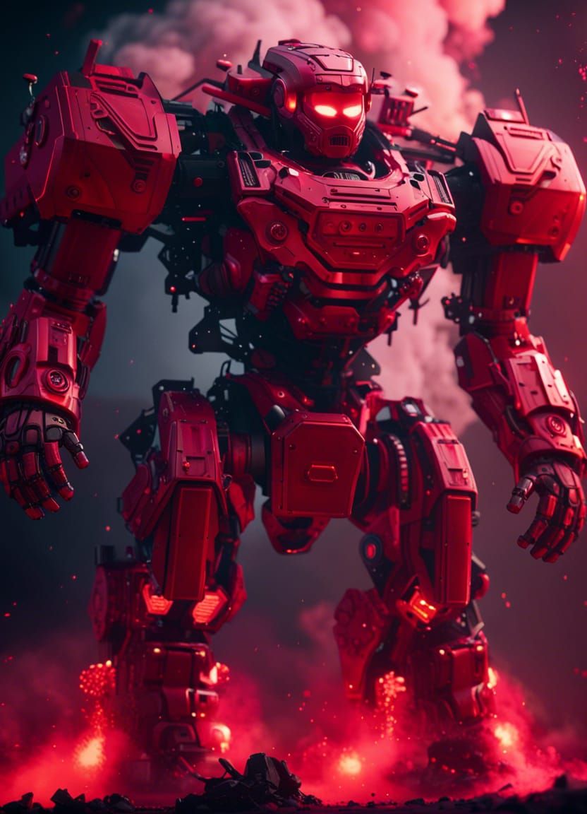 Giant Red Robot Emerges From Smoke: Sci-Fi Art