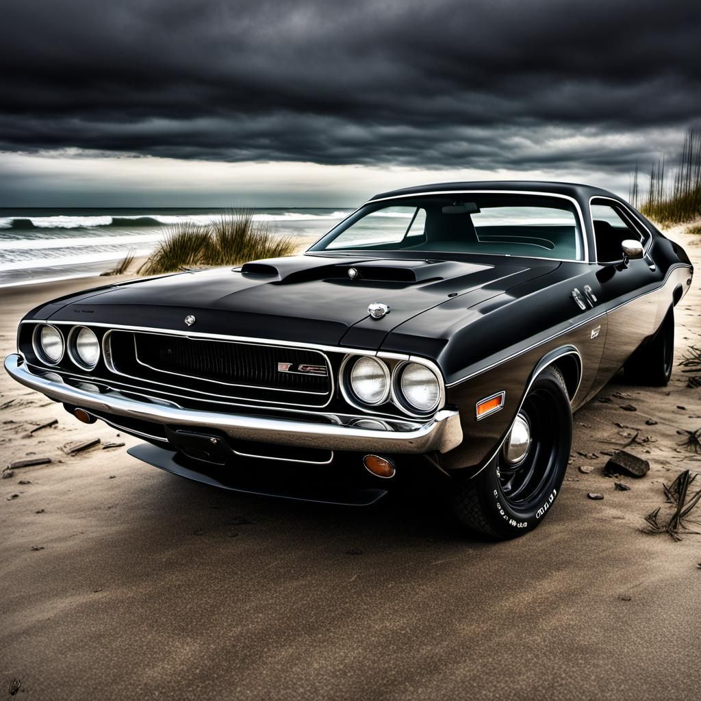 1973 Black Dodge Challenger on a Beach