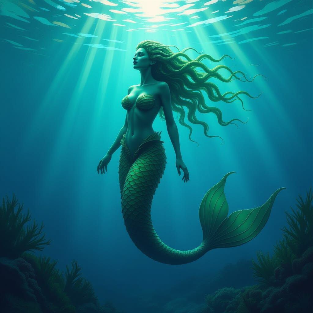 Green Sea Grass Mermaid Sculpture in Dramatic Oil Style