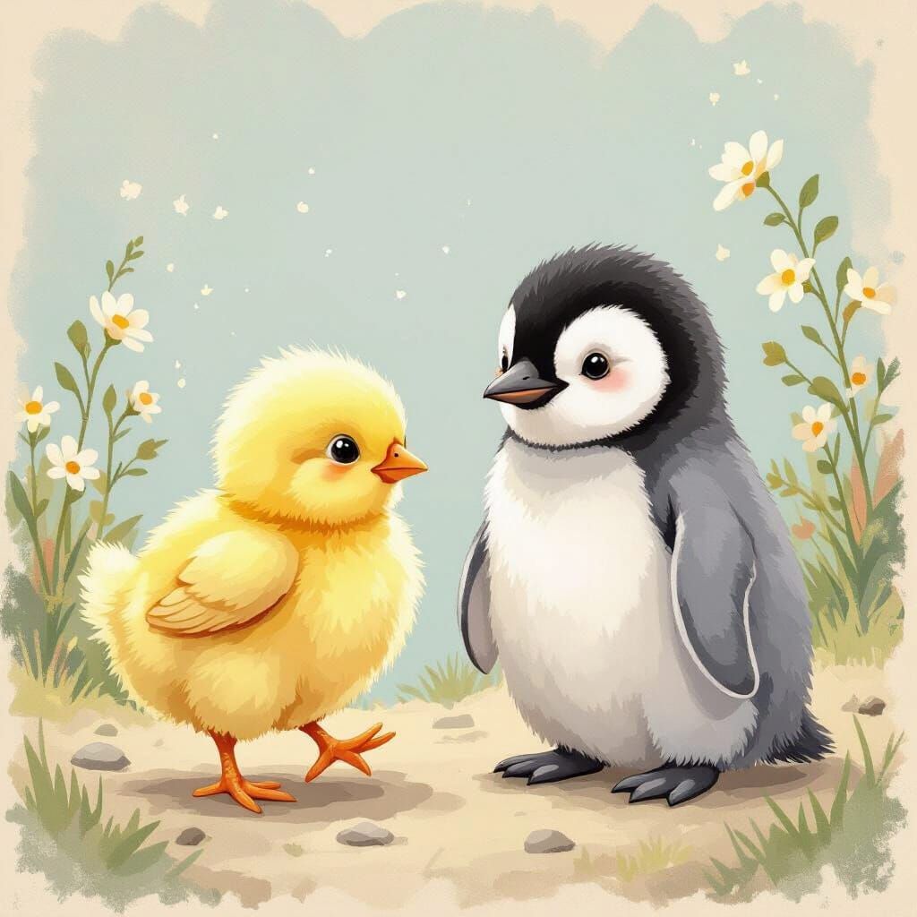 Adorable Chick and Penguin Friends in Storybook Style