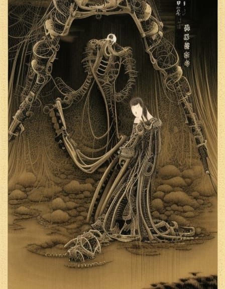 16k resolution, Taisho-era romance in a Gigerian world. Art by Goyo Hashiguchi, Takabatake Kasho, and HR Giger. Intricat...