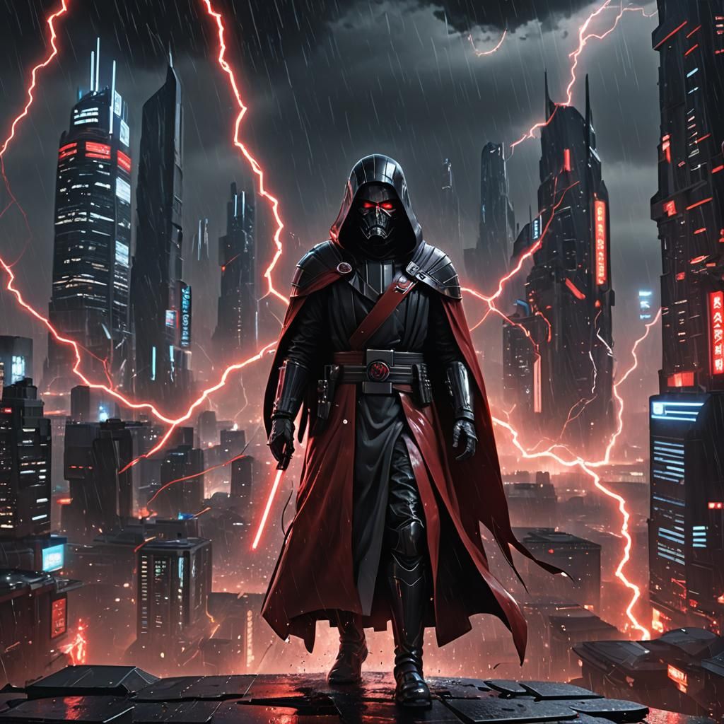 Futuristic Emperor in Anime Style Armor on City Planet