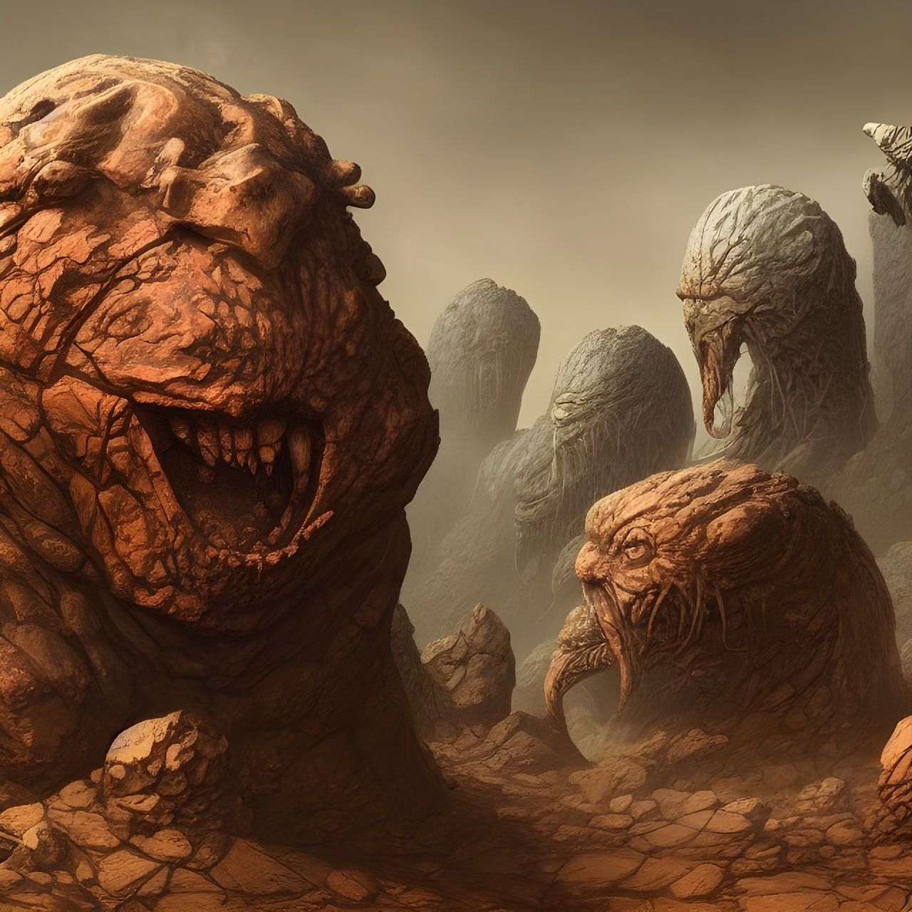 Martian Stone Beast Heads in Sci-Fi Style