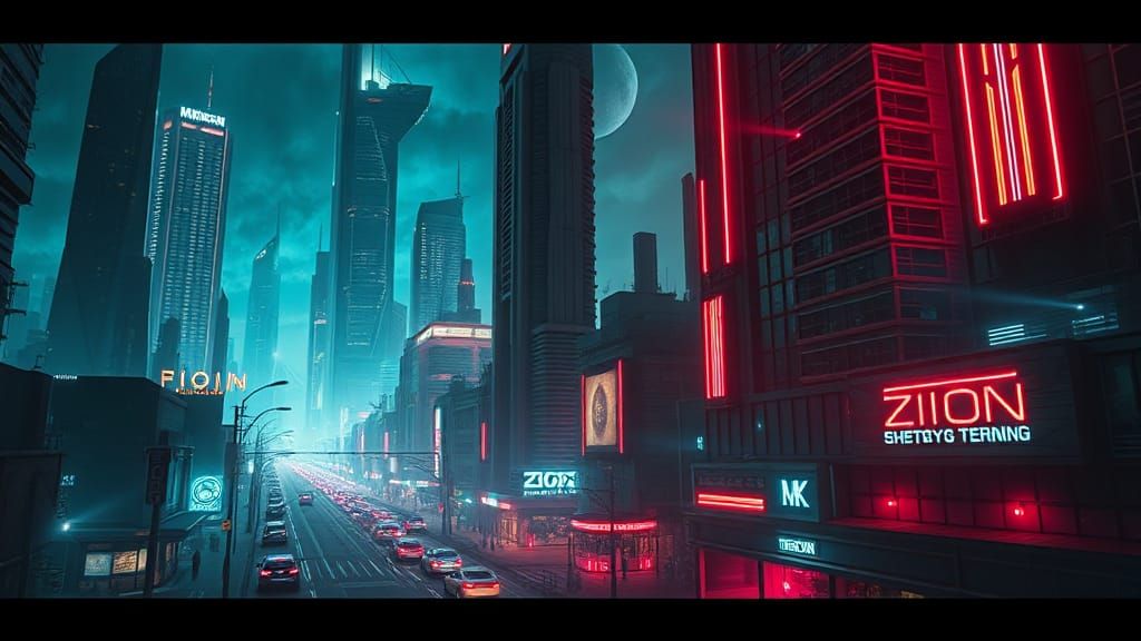 Futuristic Zion Cityscape in Sci-Fi Film Noir Style